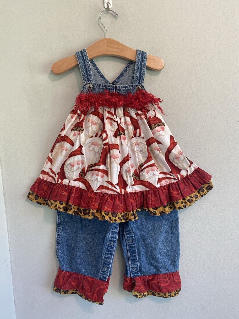 She She Baby Upcycled Santa Ruffle Overalls 24 Months